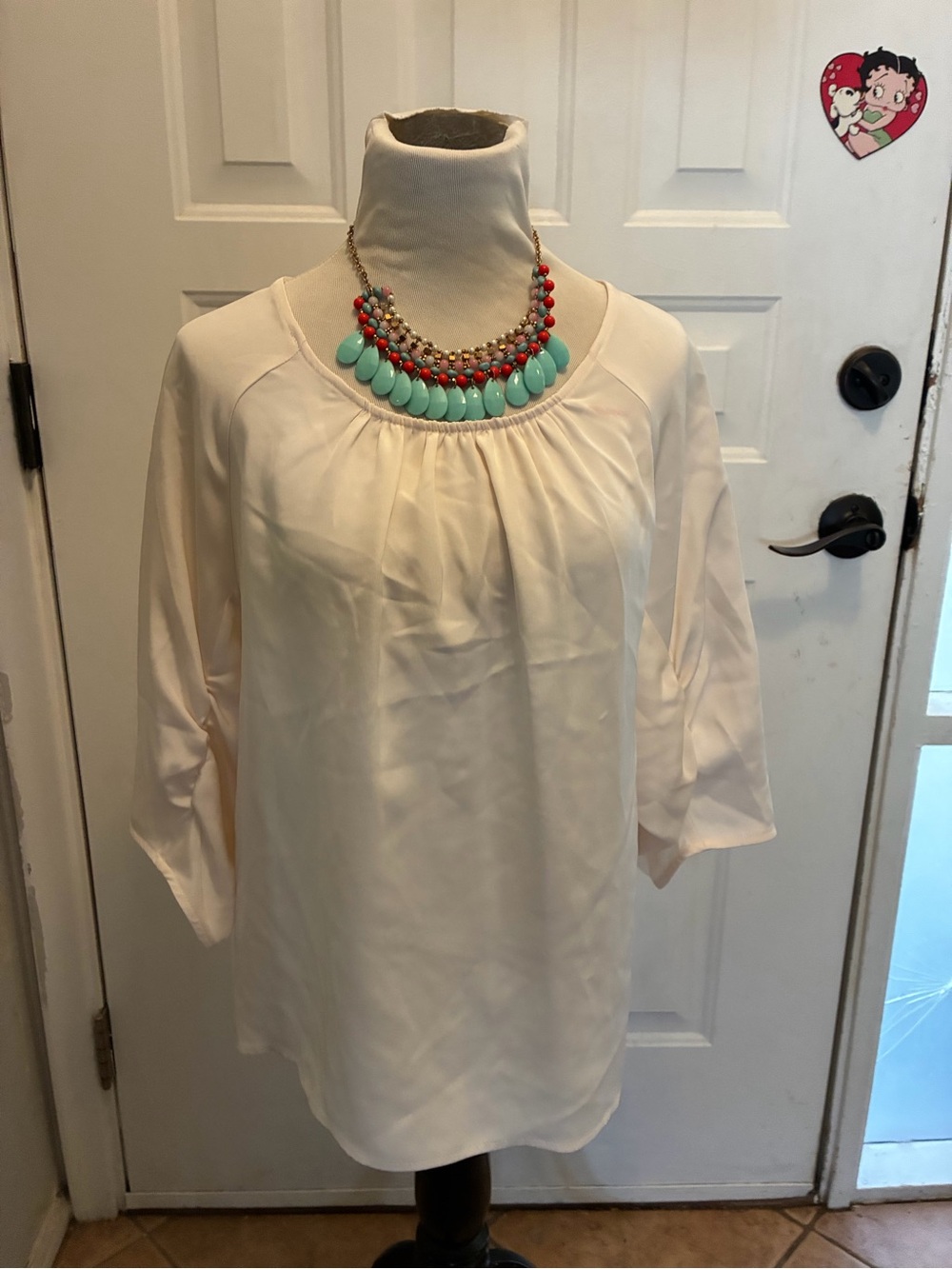 Women's Cream Scoop-Neck Blouse with Gathered Yoke